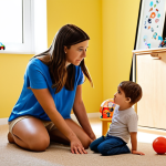 **

A counselor kneeling to be at eye-level with a young, slightly withdrawn boy. The setting is a bright, inviting playroom filled with toys. The counselor has a warm, receptive expression, and the boy is looking at her with a hint of curiosity and trust. Focus on the gentle connection and safe space.

**
