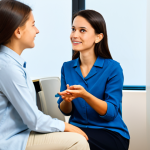 A kind female professional, wearing a modest business casual outfit, is gently sitting eye-level with a child (around 7-9 years old) in a brightly lit, modern consultation room. The professional is leaning slightly forward, actively listening to the child, who is fully clothed in appropriate, comfortable attire. The child's expression is calm and thoughtful, showing engagement. The room is decorated with soft, neutral colors and features professional, educational materials subtly in the background. The scene emphasizes empathy, active listening, and a supportive environment for discussing emotions. Perfect anatomy, correct proportions, natural pose, well-formed hands, proper finger count, natural body proportions, professional photography, high quality, safe for work, appropriate content, family-friendly.