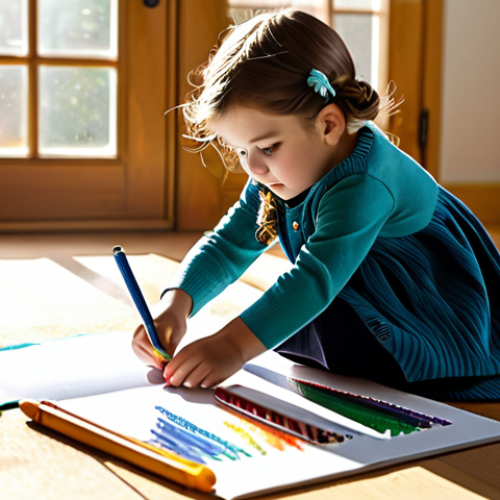 Home 27 아동심리상담사와 심리검사 도구 활용 - **
A young girl, fully clothed in a modest dress and cardigan, sits at a table drawing with crayons...