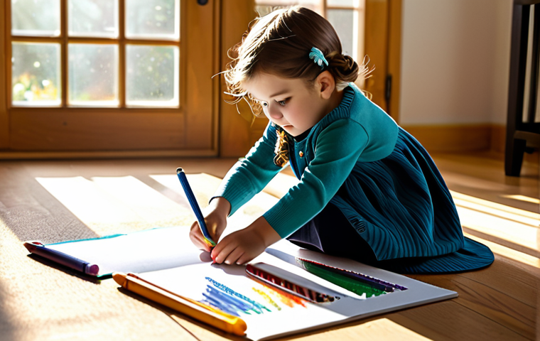 아동심리상담사와 심리검사 도구 활용 - **
A young girl, fully clothed in a modest dress and cardigan, sits at a table drawing with crayons...