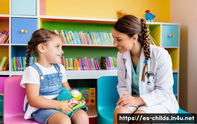 아동심리상담사의 취업 성공 전략 - **Prompt:** A brightly lit pediatrician's office in Madrid, Spain. A kind, female psychologist with ...