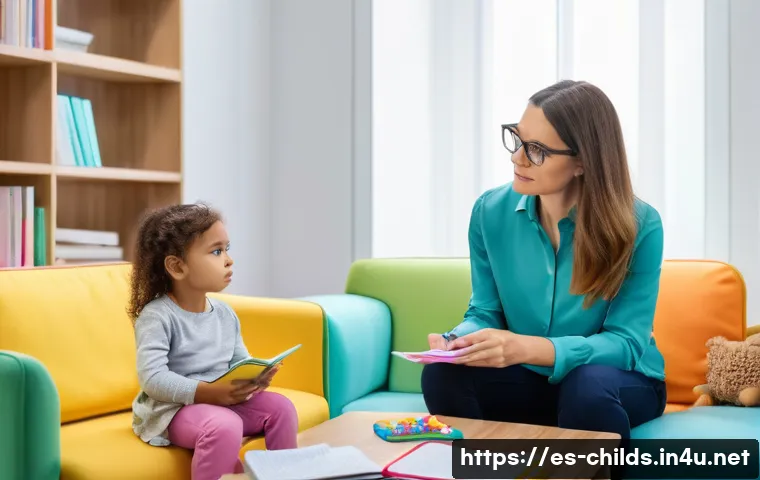 아동심리상담사의 직업적 스트레스 - A compassionate child psychologist in a modern clinical office in Spain, wearing professional attire...