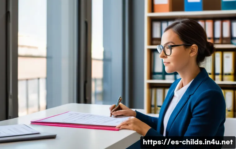아동심리상담사 연봉협상 팁 - A professional female child psychologist in a modern office setting in Madrid, Spain, reviewing deta...