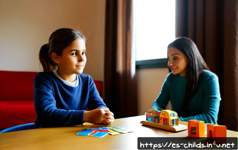 아동심리상담사로서 필요한 상담 기술 - Photorealistic child psychology counseling session in a warm Spanish-speaking family clinic, compass...